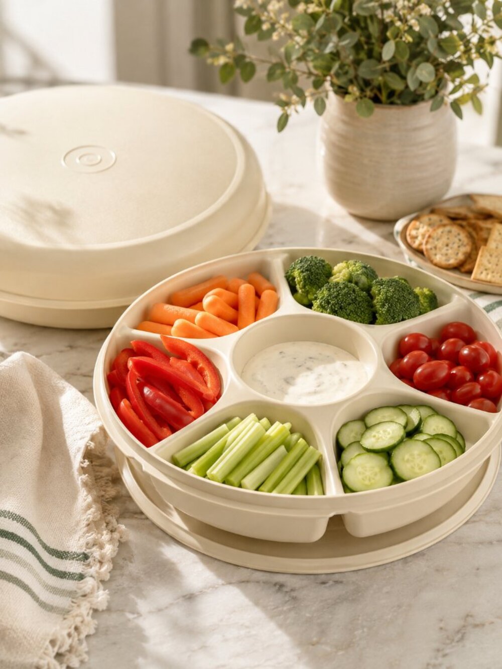 Vintage Tupperware Serving Center 1665 Almond Divided Party Tray with Lid